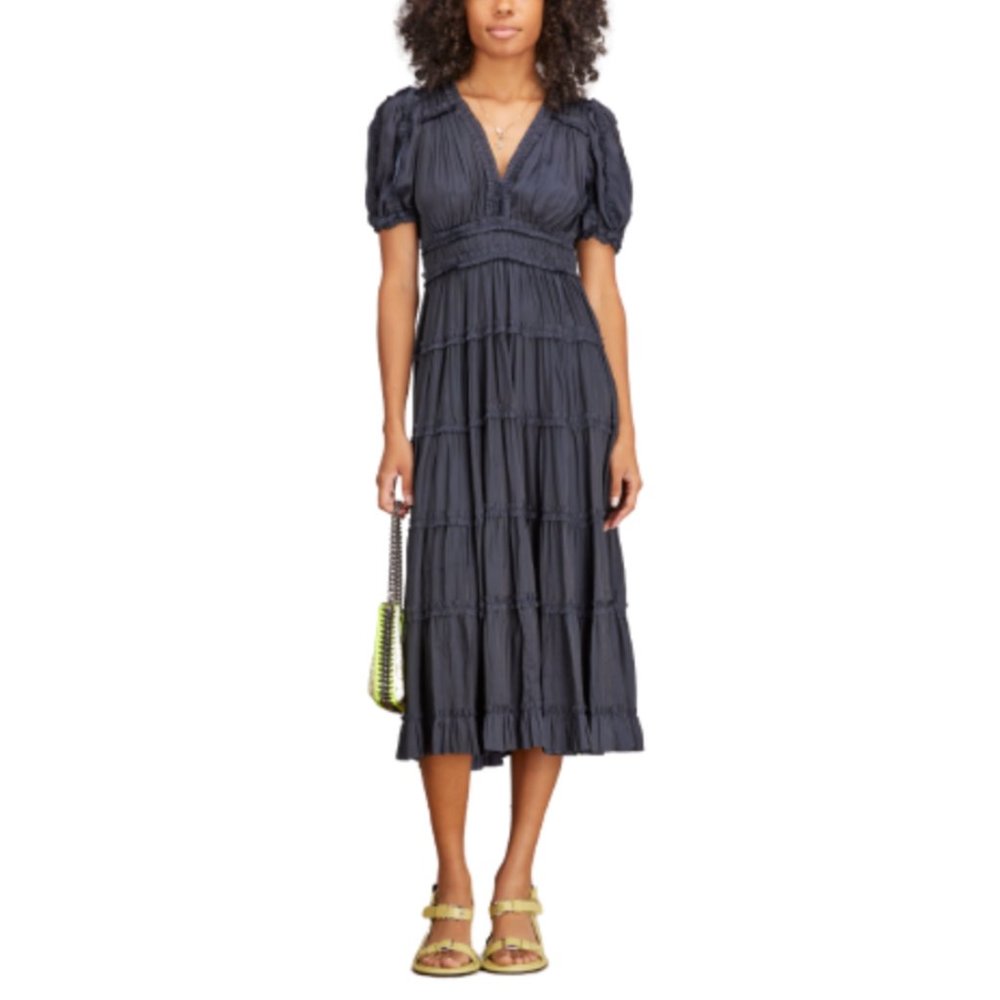 Ulla Johnson Rose Midi Dress Womens 14 Navy Blue VNeck Short Sleeve Tiered Satin